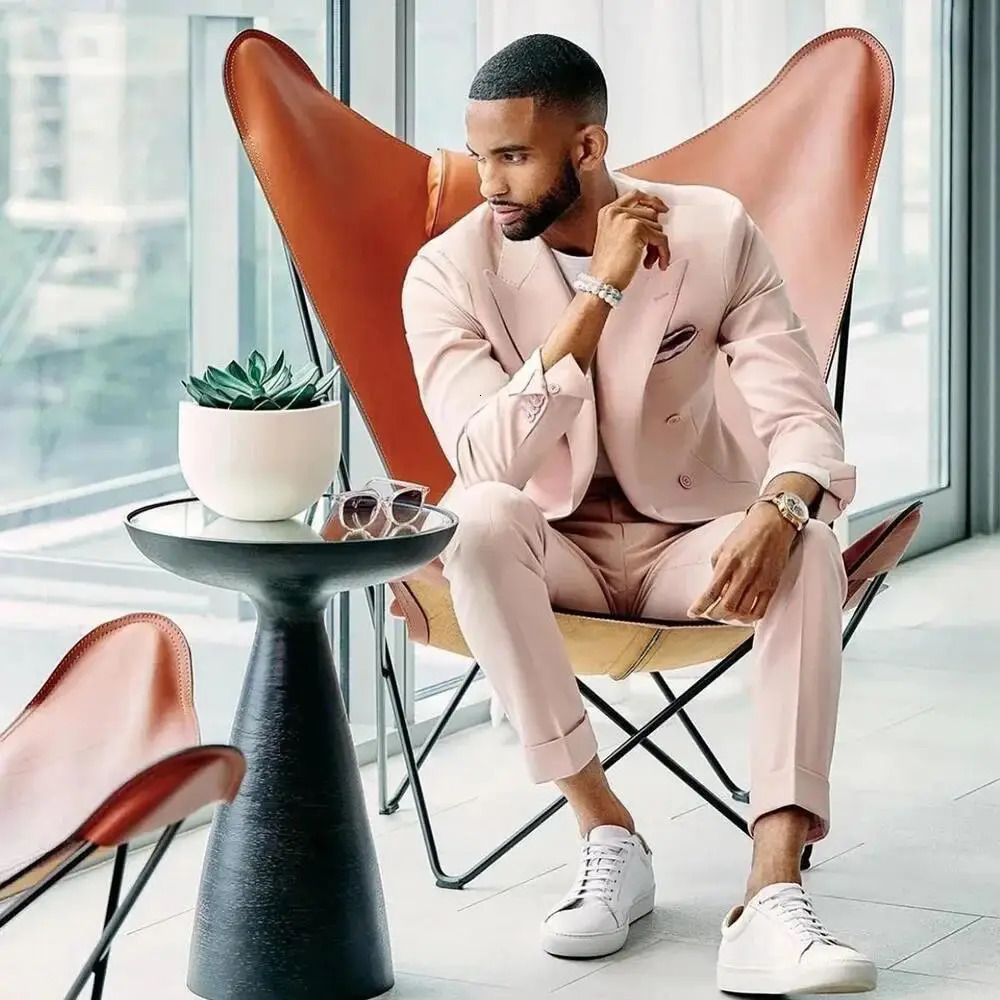 Pink Slim Men Suit 2 Pieces JacketPants Fashion Gentleman High Quality Lapel Double Breasted Blazer Set 250224