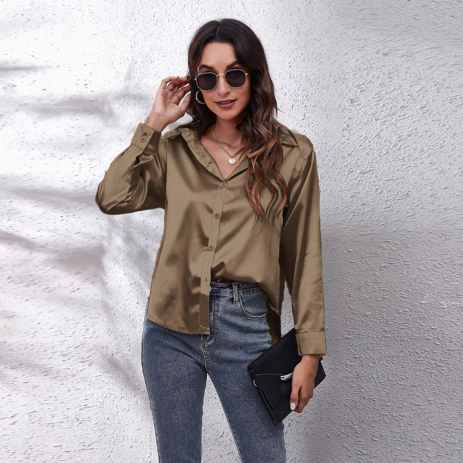 Autumn Women Solid Satin Shirt Long Sleeve Silk Loose Button Up Blouse Shirt Ladies Tops Fashion Clothing 250303