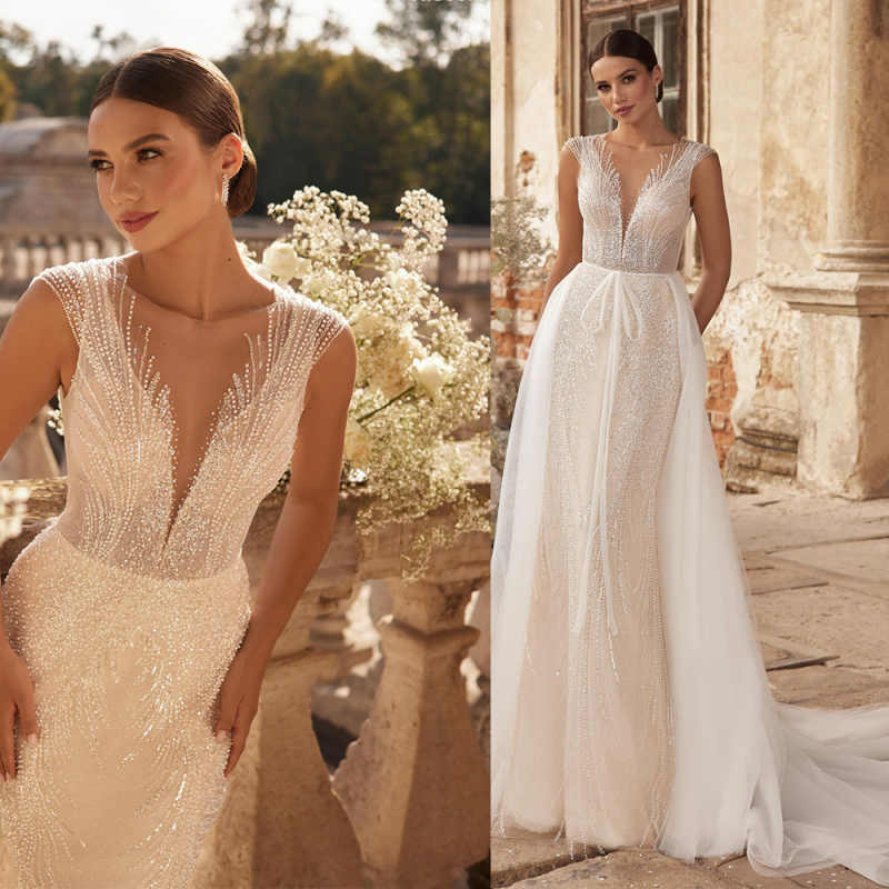 Elegant A Line Wedding Dresses Sleeveless Lace Appliques Beads Lace With Spaghetti Strap Bling Sequins Bridal Gowns Special Occasion Sweep Train Vesti