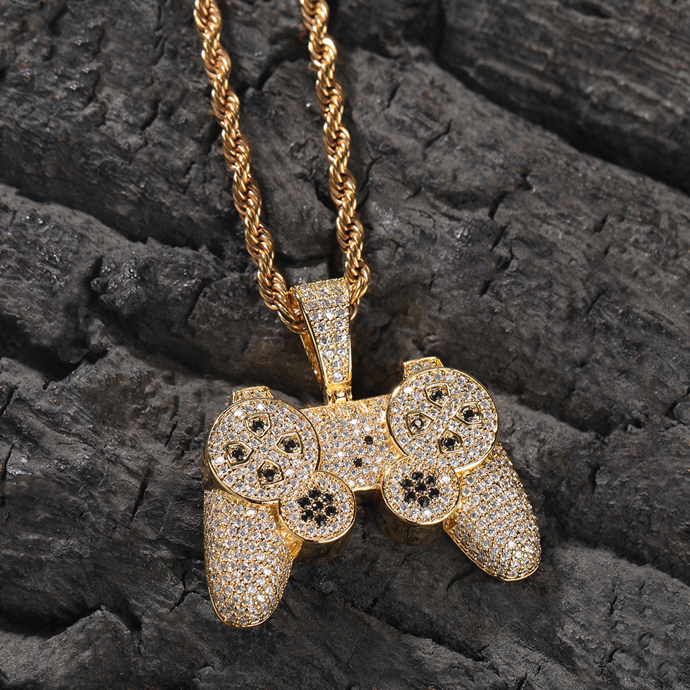 Hip Hop Creative Game Console Controller Pendant Necklace 5A Zircon Gold Boy Men Jewelry