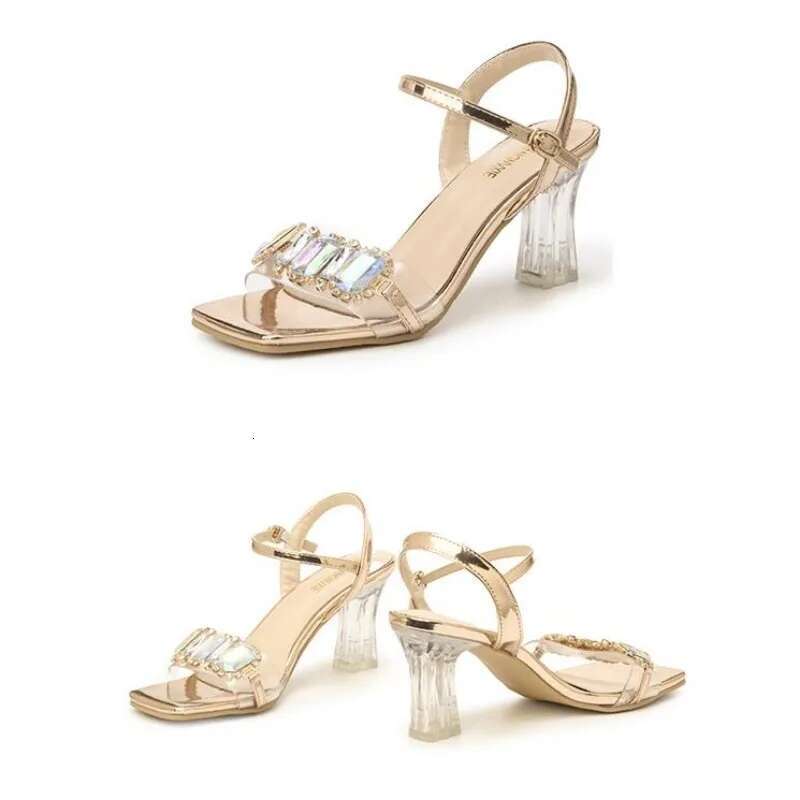 Crystal heel 7cm Elegant Gold Women High Sandals Rhie Deisgn Clear Heels Ladies Wedding Sexy Women's Shoes
