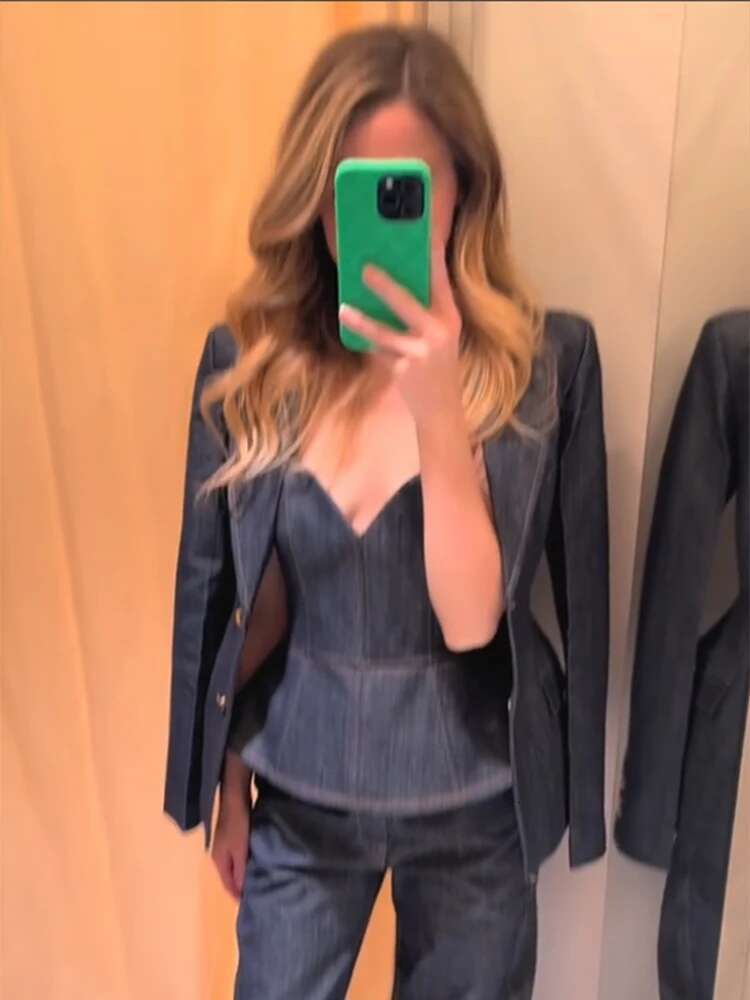 Casual Denim 3 Pieces Blazer Jacket Sets Women 2025 Spring Notched Suitss Coat Street Vest Wide Leg Pants Lady Suits