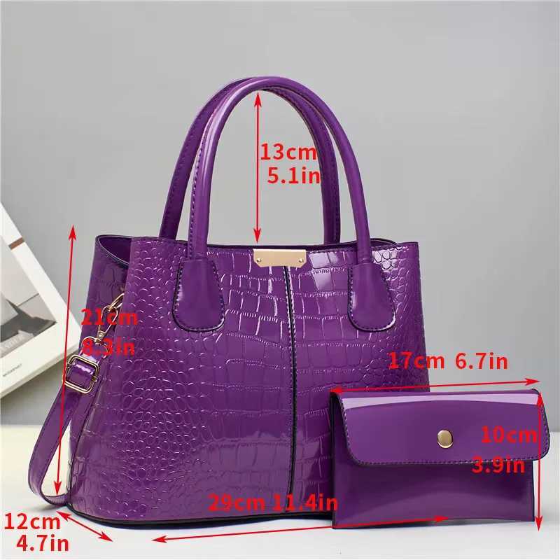 Chic Crocodile-Embossed Tote Bag Set for Women - Faux Leather Includes Clutch Purse Zip Closure Available in Purple/Black Z250303