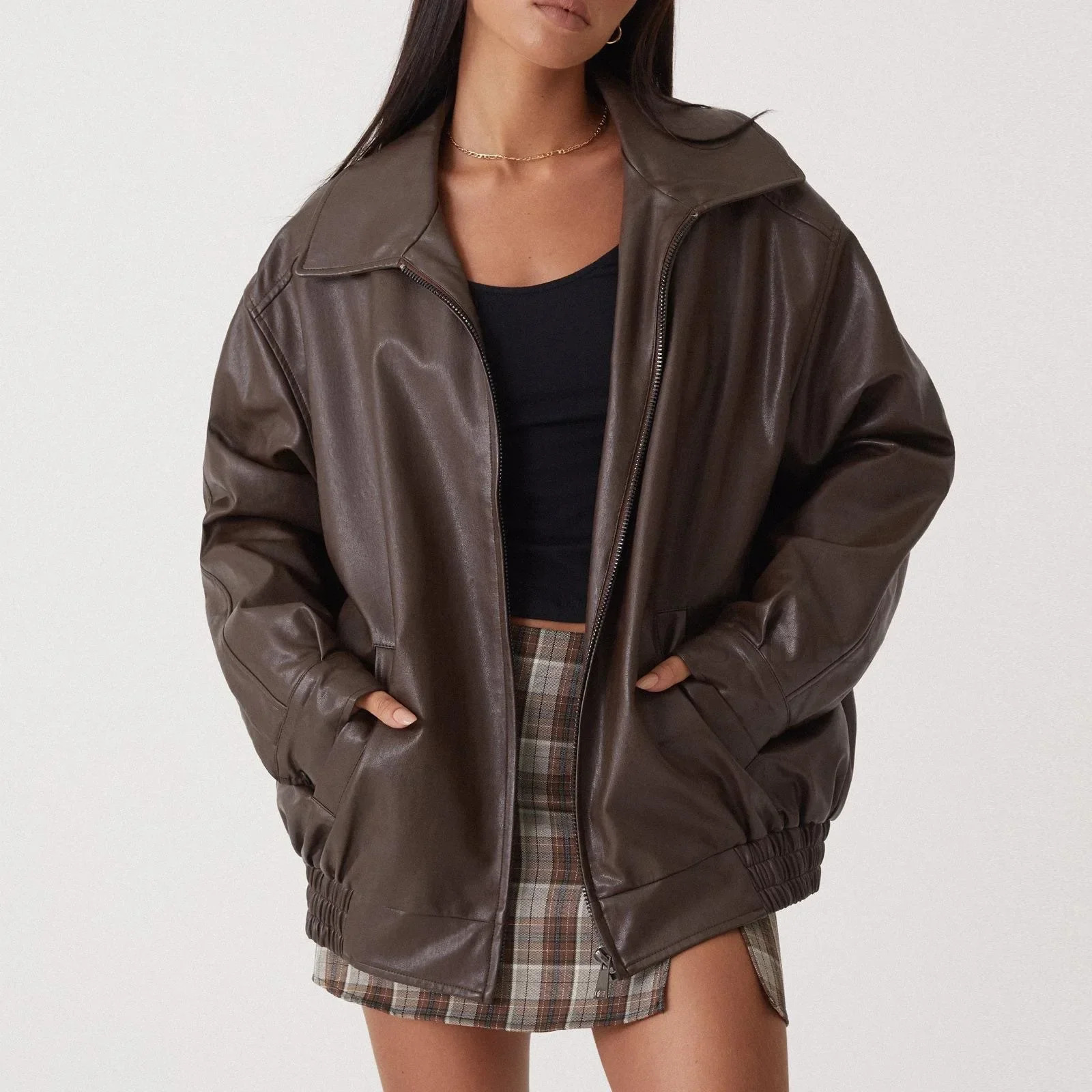 Womens autumn and winter PU leather jacket loose zipper long sleeved solid color fashion 250226
