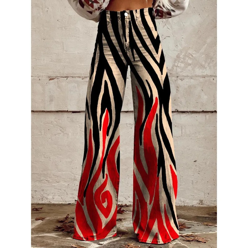 Y2k Printed Pattern Jeans Retro Slim Mid Waist Micro Flared Pants High Street Loose Pants Fashionable And Trendy Elastic Pants 250303