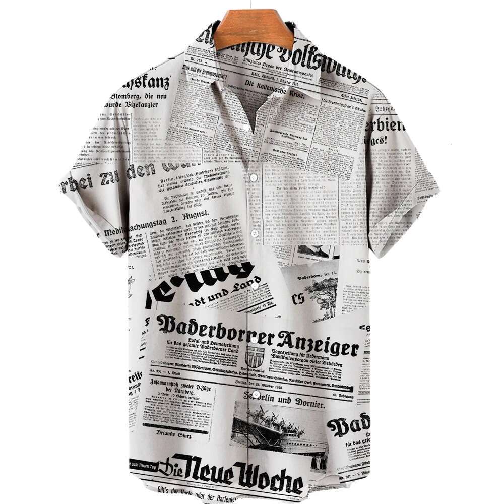 2025 Summer New Retro Fashion News Newspaper Designer 3D Printed Lapel Hawaiian Beach Breathable Comfortable Short Sleeve Men's Hip Hop Shirt