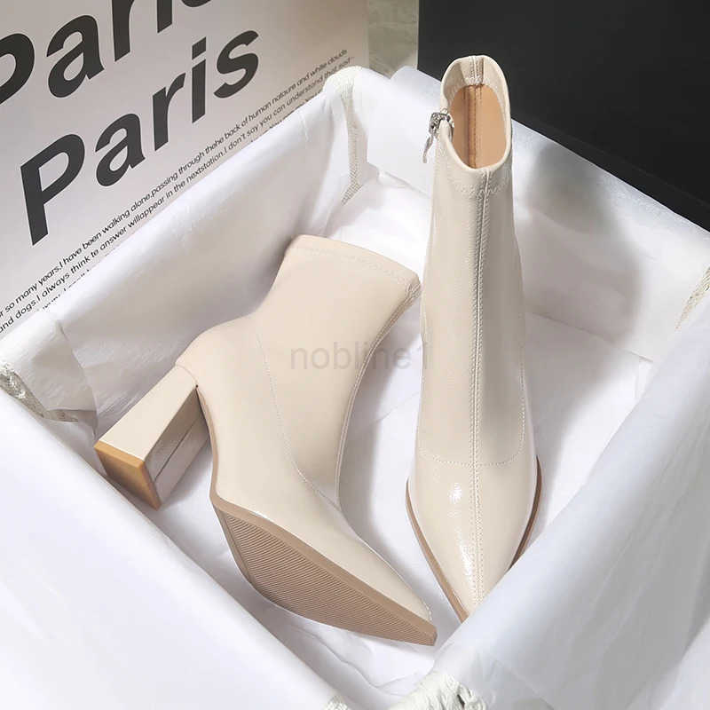 Winter Patent Leather Wen Ankle Boots Fion Pointed Toe Short Booties Square High H Party Pumps Shoes Z250304