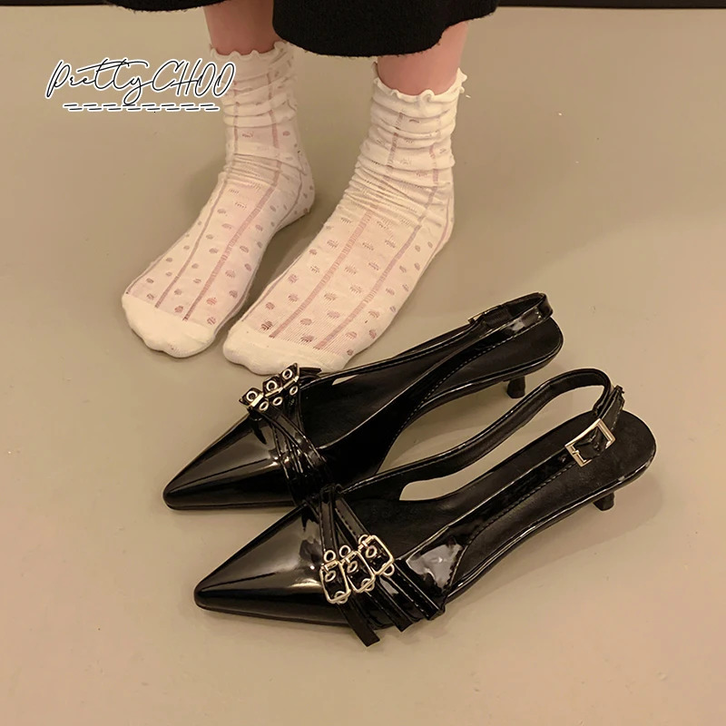 n Shoes Woman Wine Red Narrow Band Buckle Strap Slingback Sandals Ladies Pointed Toe Kitten Heel Evening Pary Dress Pumps 250228