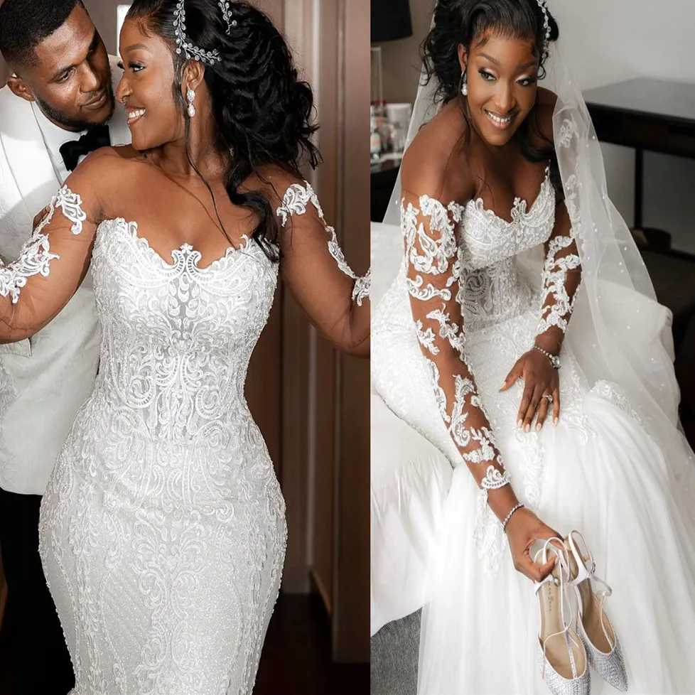 arabic aso ebi lace beaded mermaid wedding dresses 2025 long sleeve customsized sheer neck sparkly vintage bridal gowns dresses
