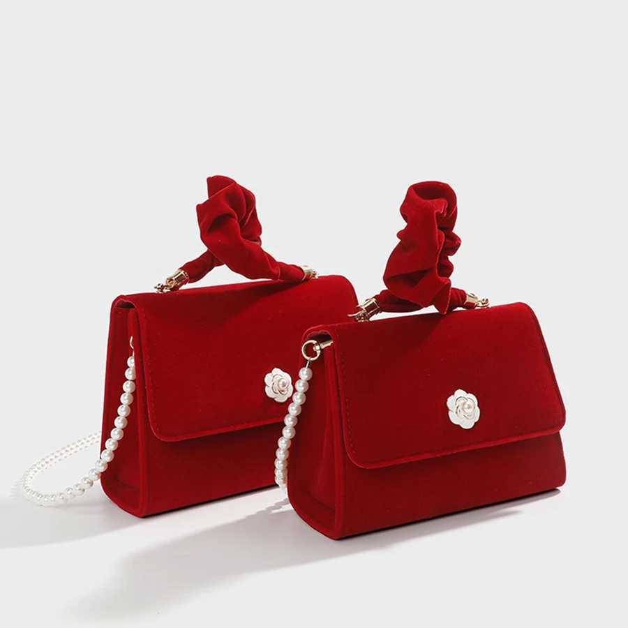 Velvet red handbag wedding party dinner bag pleated handmade pearl chain lingerie bag red bridal cross body bag Z250303