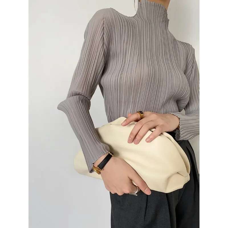 GGHK Miyake Pleated Women Shirt Tops Fashion Designer New Comfortable Causal Long Sleeve Turtleneck T-Shirt Aesthetic Clothing