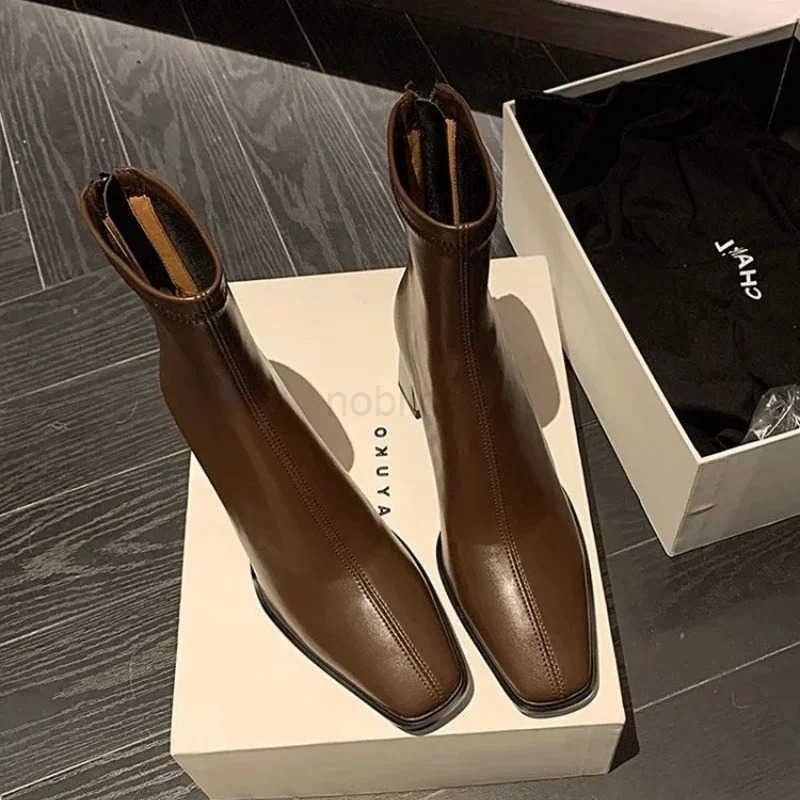 Wens Fion Ankle Boots Winter Square Toe Leather High H 2025 Back Zipper Cfortable Warm Elastic Boots Botas De Mujer Z250304