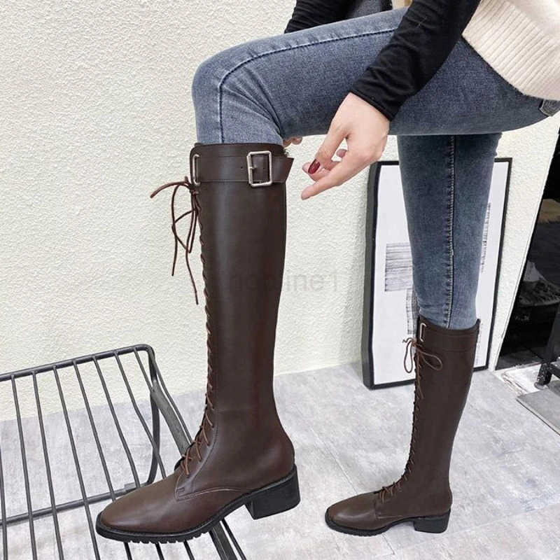 Lace-up Shoes for Wan Long Wens Boots Winter Knee High Shaft with Laces Biker Footwear Brown Large Size Warm S Quality Z250304