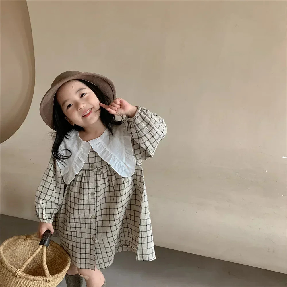 8486 Girls Clothing Casual Dress Spring and Autumn Korean Cotton Linen Princess Plaid 250303