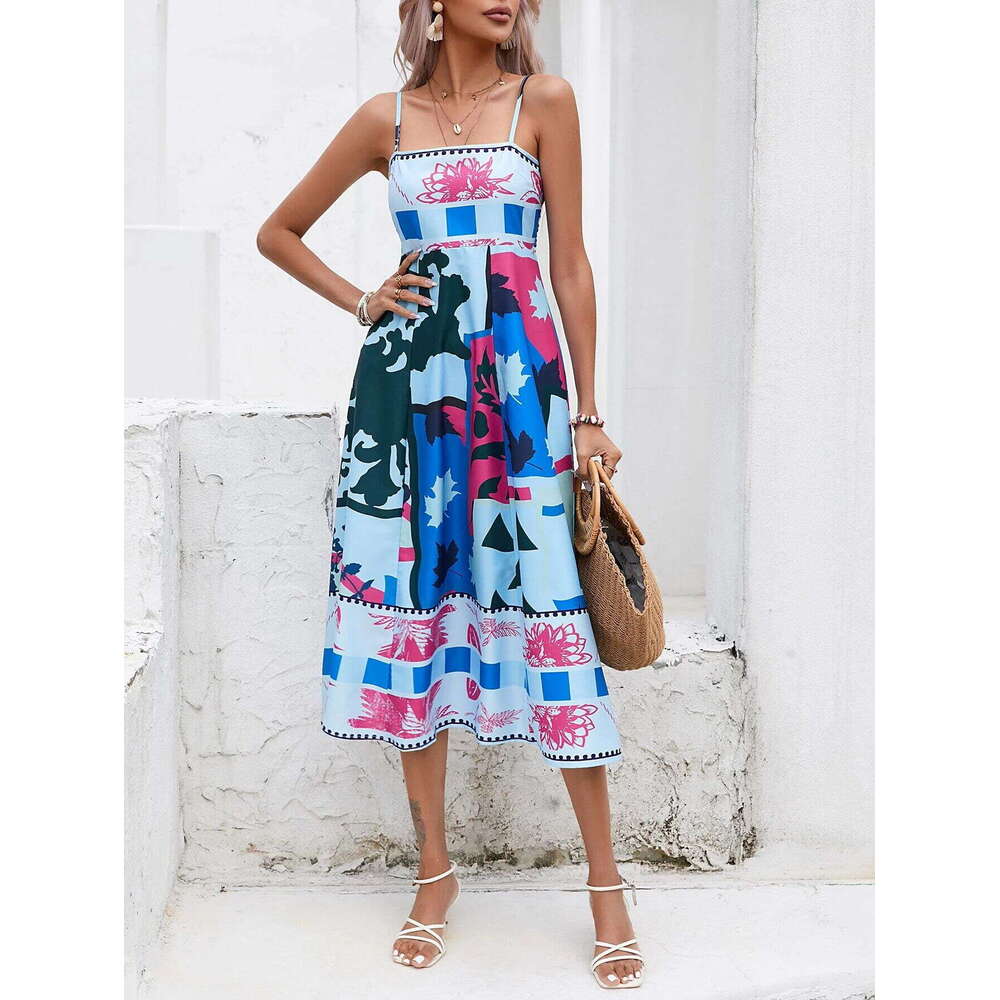 Summer Women's Sexy Positioning Printed Strap Sleeveless Swing Dress 2025 New Style Elegant Clothing