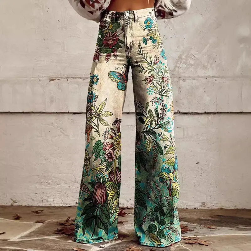 Y2k Printed Pattern Jeans Retro Slim Mid Waist Micro Flared Pants High Street Loose Pants Fashionable And Trendy Elastic Pants 250303