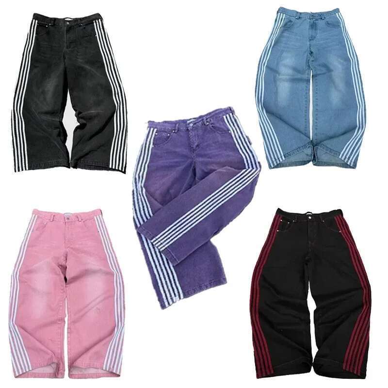High Vintage Striped Embroidered High-Waisted Jeans Men Women Casual Pants Haruku Hip Hop Street Baggy Wide-Leg Jeans