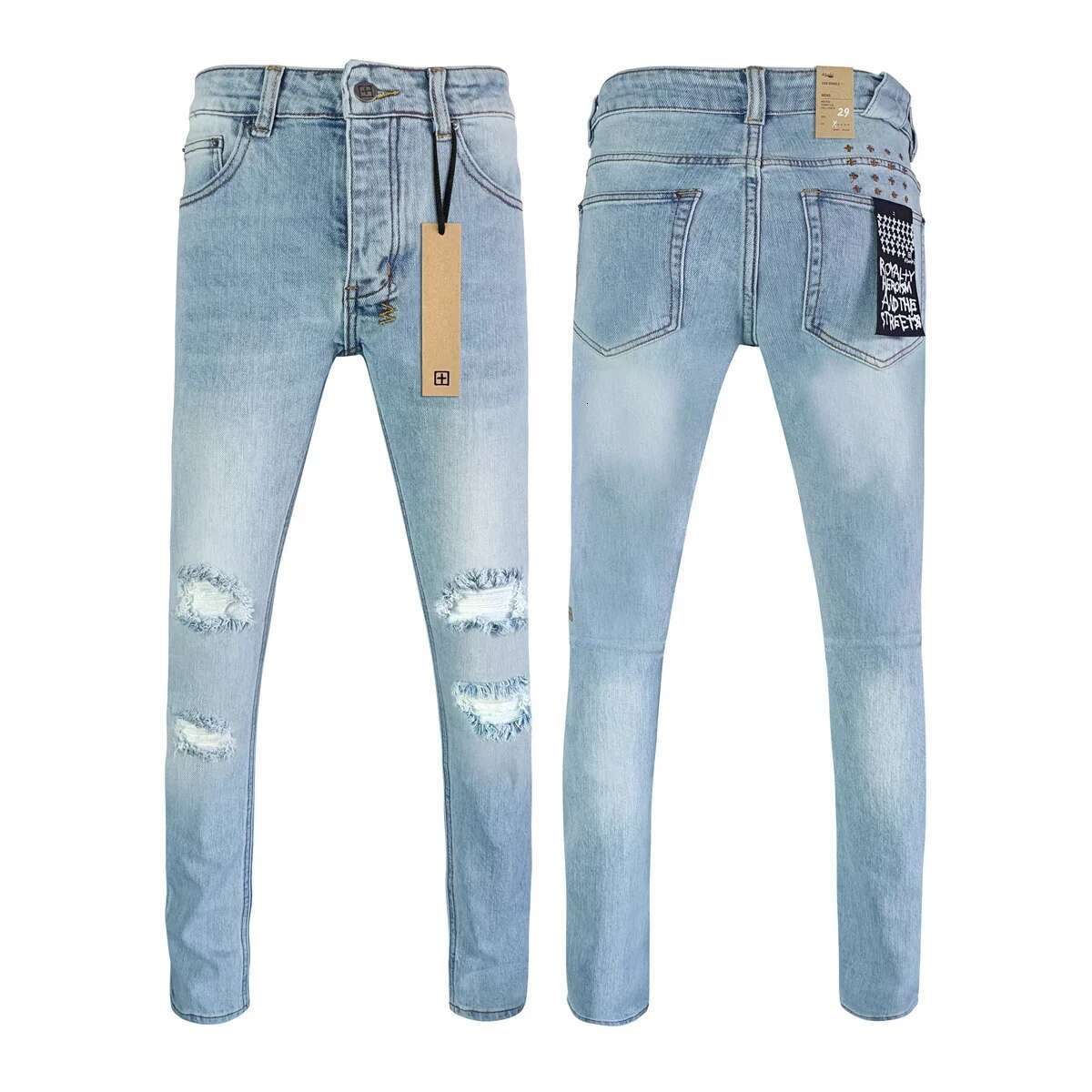New KSUBI Cross Men High Street Wash Light Blue Hole Trend Low Rise Skinny Pants Daily Casual Ripped Frayed Jeans Brand