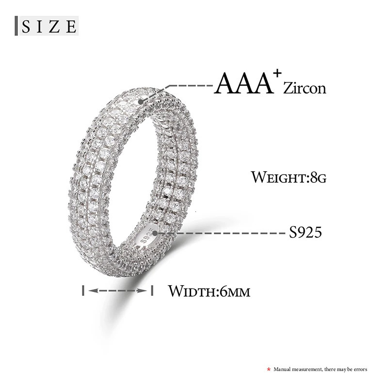 Hip Hop Real 925 Sterling Stamp Ring Full Cubic Zircon Gold Charm Jewelry Punk Male Women Finger Rings Size 7-10 Unisex 250227