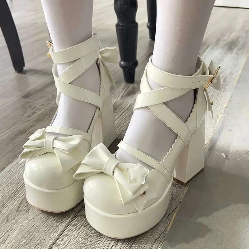Lolita Women High Heels Woman Chunky Sandals Summer Mary Janes PU Leather Shoes Retro Bow Party Platform Pumps