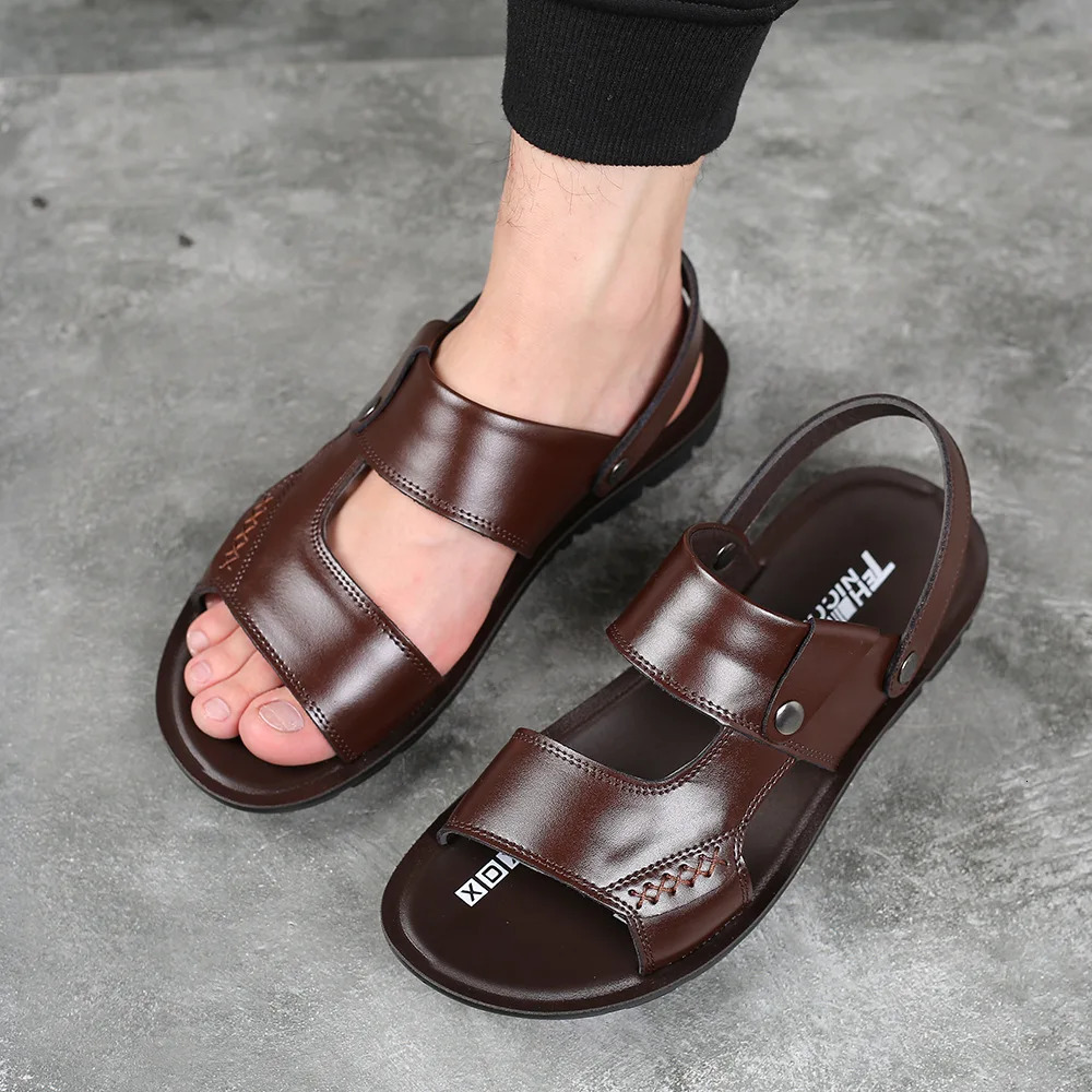 Retro Sewing Sandals Transfer Slipper Non-slip Genuine Cow Leather Shoes for Men Comfortable Casual Summer Fashion British Style 250303