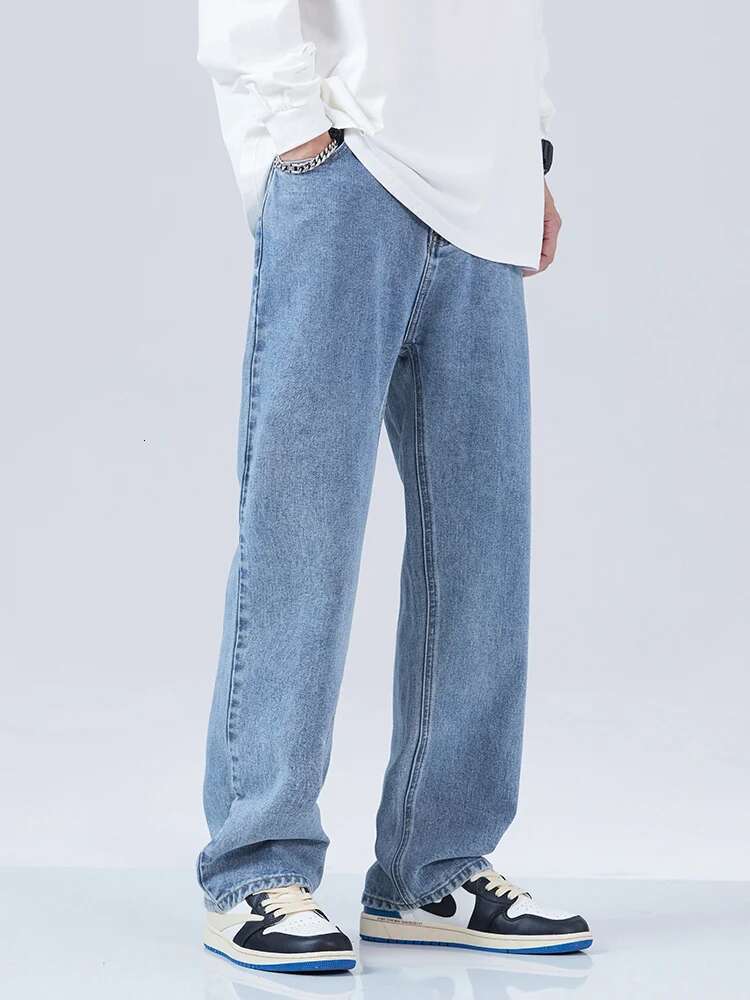 2023 New Autumn Blue Jeans Men Korean Vintage Banding Waist Denim Cotton Casual Wide-Leg Long Pants Straight Baggy Jean Trousers