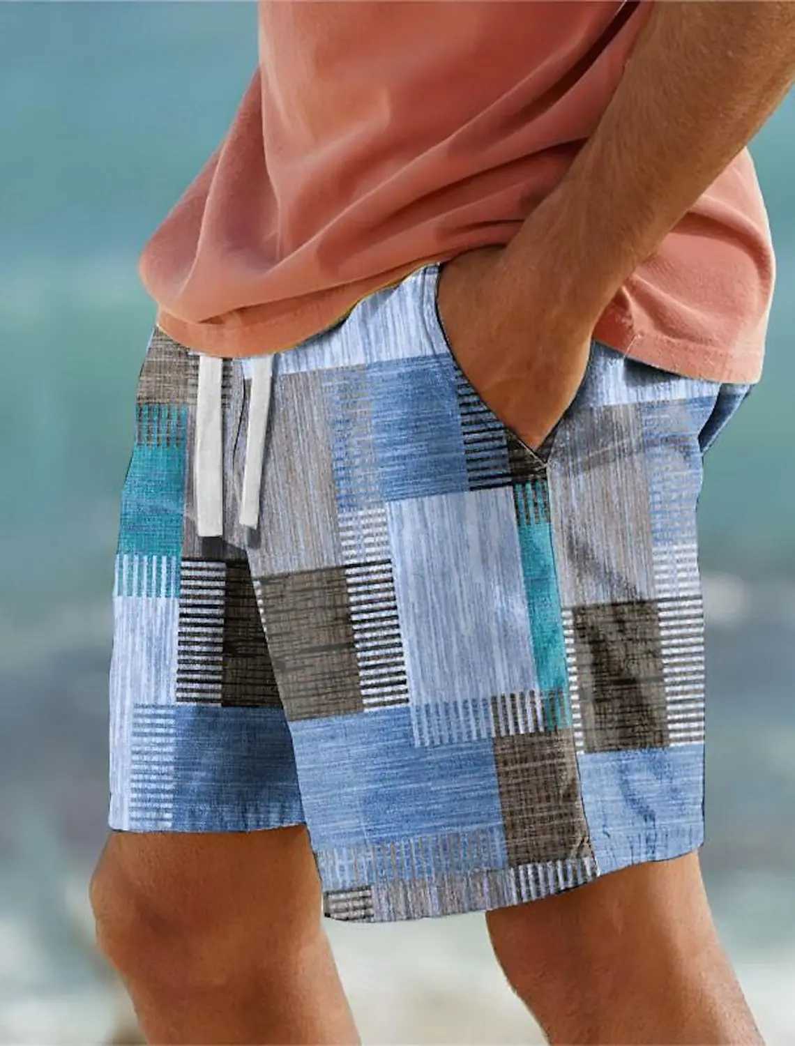 Plaid Color Block Mens Resort 3D Printed Geometry Board Shorts Swim Trunks Elastic Drawstring Hawaiian Style Holiday BeachT250304