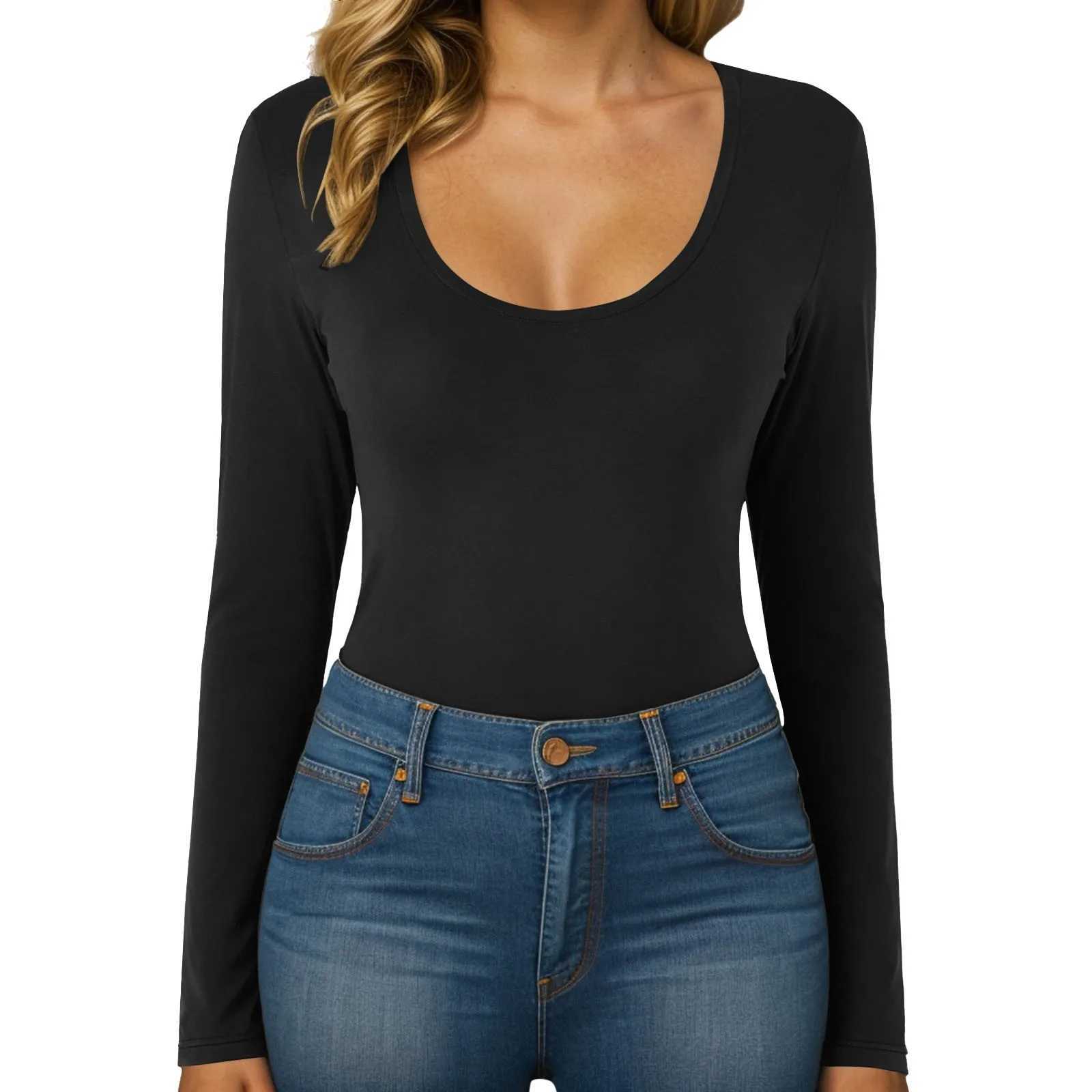 Womens Bodysuit Bottoming Undershirts Crew Neck Long Sleeve Slimming Romper Tops Basic Solid Closure Crotch Y2k Clothes TeesXJ250304