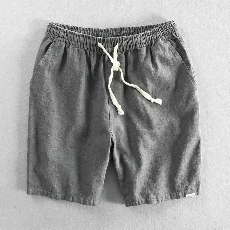 2025 Summer Men Casual Cotton Linen Shorts Knee Length Beach Elastic Waist Shorts Solid Color Comfortable Pants NewT250304