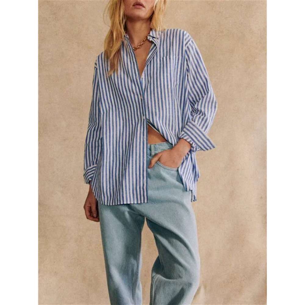 Women Contrast Color Striped Blouse 2025 New Ladies Turn Down Collar Top Single Breasted Loose Casual Long Sleeve Shirt