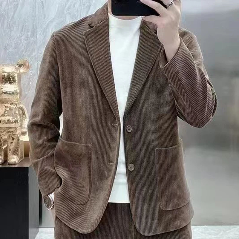 Mens springsummer long sleeved casual Korean slim fit twopiece solid creased jacket with lining set 250227