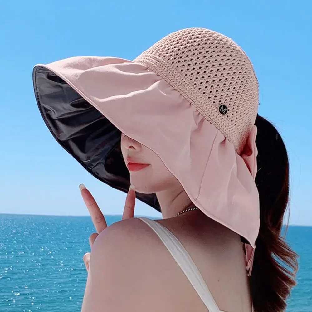 Summer Women Bucket Hat UV Protection Sun Hats Soft Foldable Wide Brim Outdoor Beach Hat Panama C Sunshade HatXJ250304