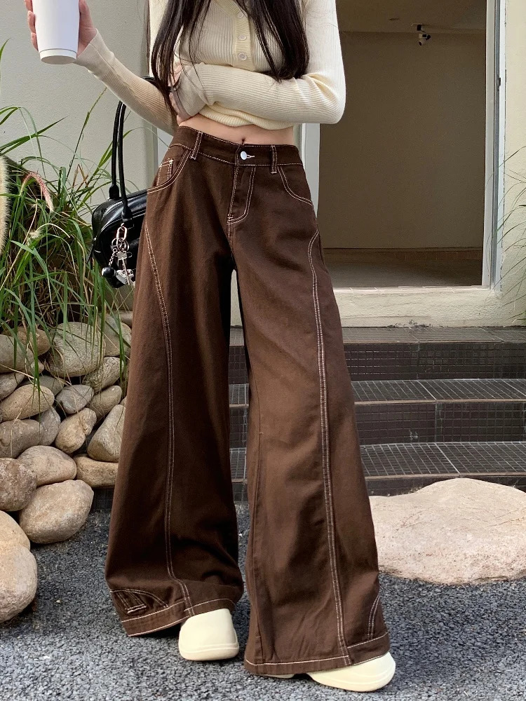 2024 Hosen Y2K Fashion Vintage Brown Baggy Jeans Pants For Women Clothes Wide Leg Lady Long Trousers Clothing 250227