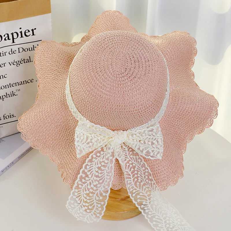 Korean version lace bow big brim str hat suitable for womens summer sun protection breathable beach C sweet sun hatXJ250304