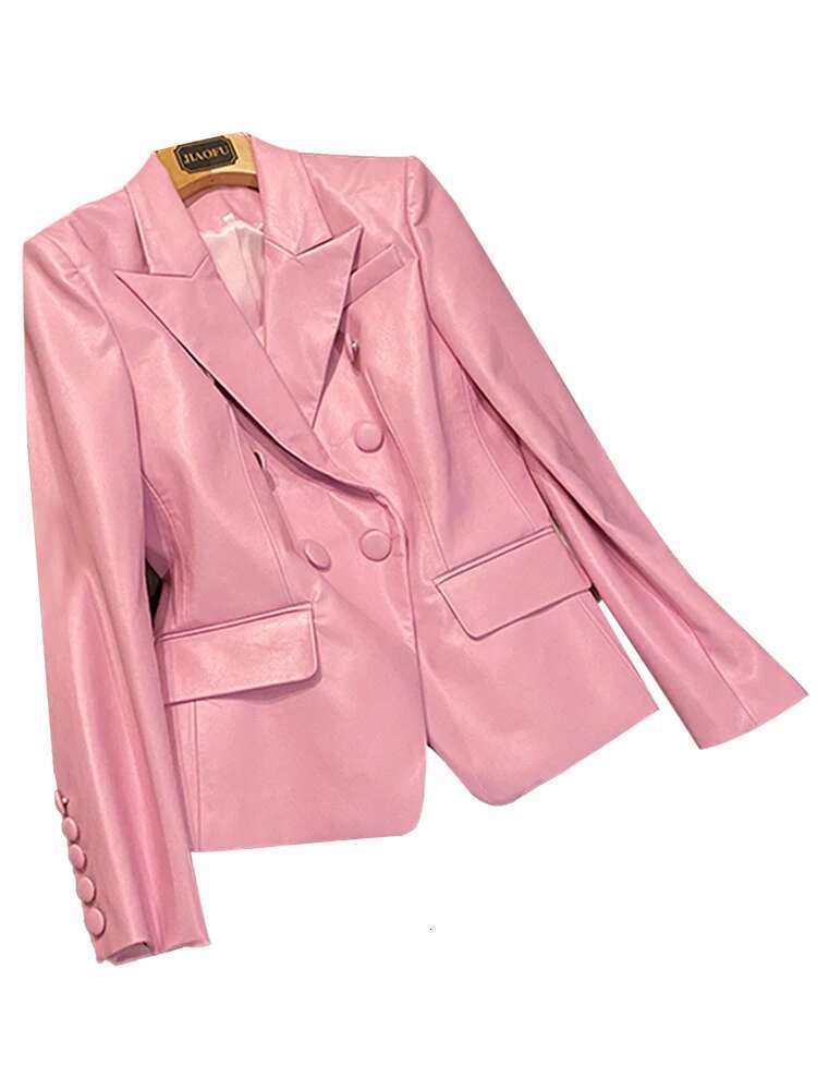 Spring Stylish Short Pink Soft Pu Leather Blazer Long Sleeve Slim Fit Jackets For Women Elegant Fashion 5Xl