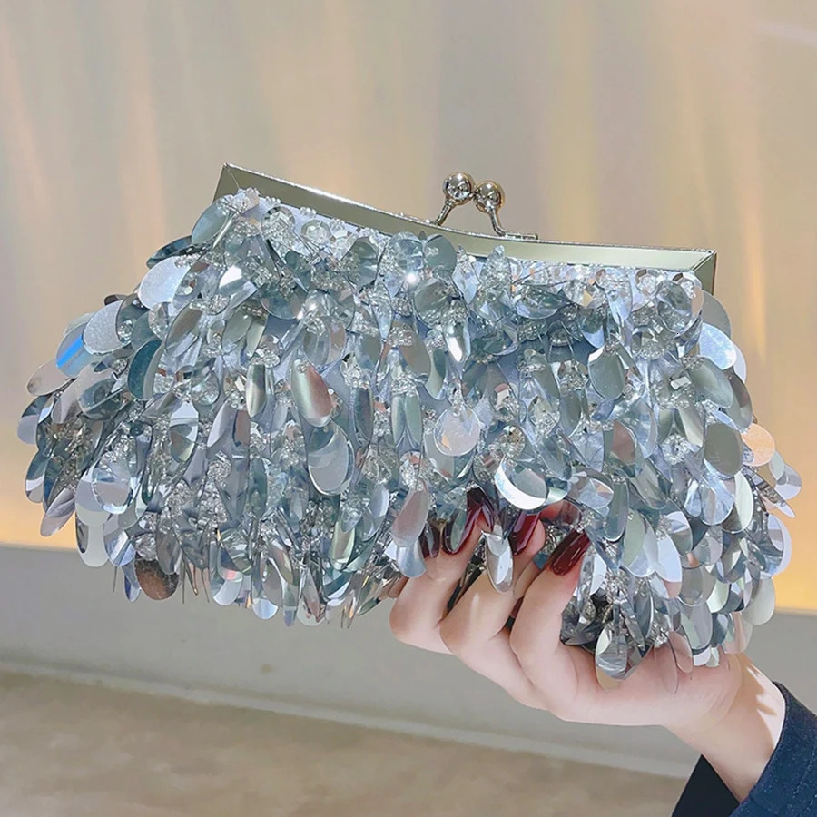 Fashion Sequins Beading Evening Bag Women Green Dinner Party Day Clutch Purse Handwoven Chains Shoulder Glitter Handbag 250303