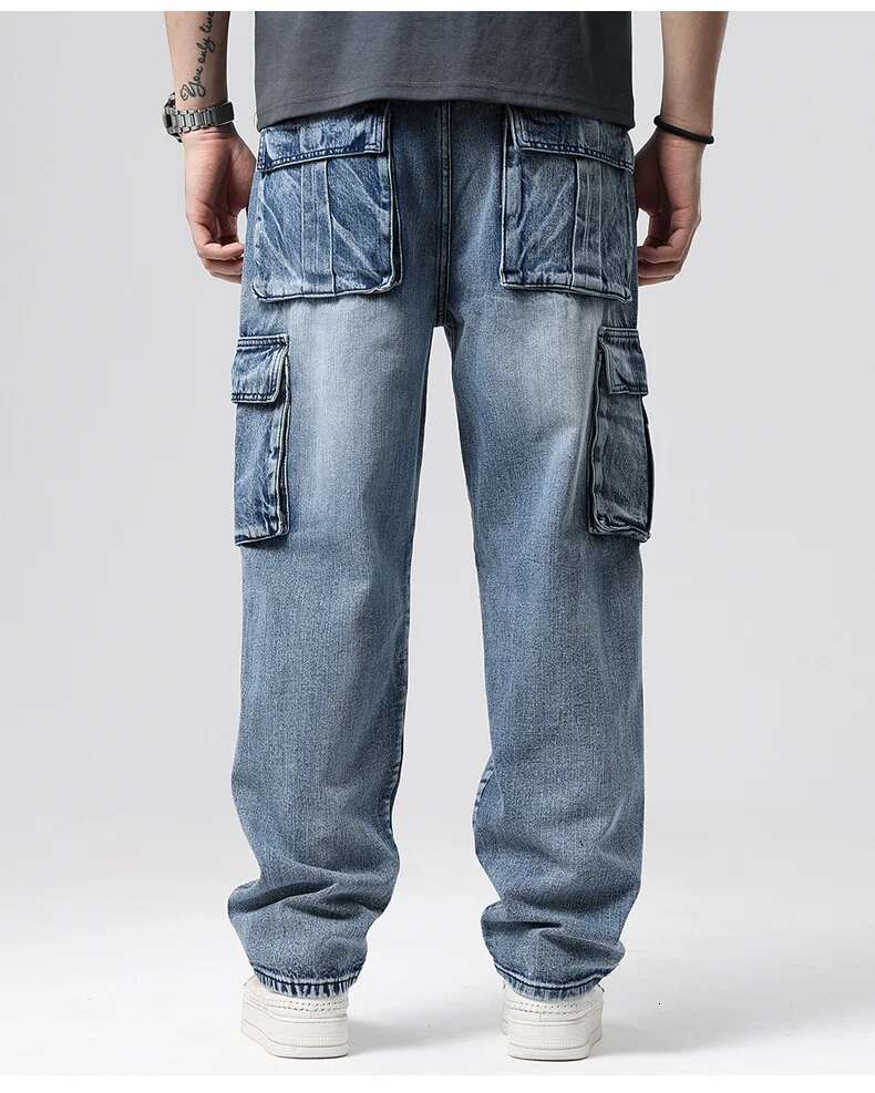 Large Size 46 Loose Jeans Men Denim Pants Straight Pocket Baggy Casual Streetwear Hip Hop Brand Blue Wide Leg Cargo Trousers