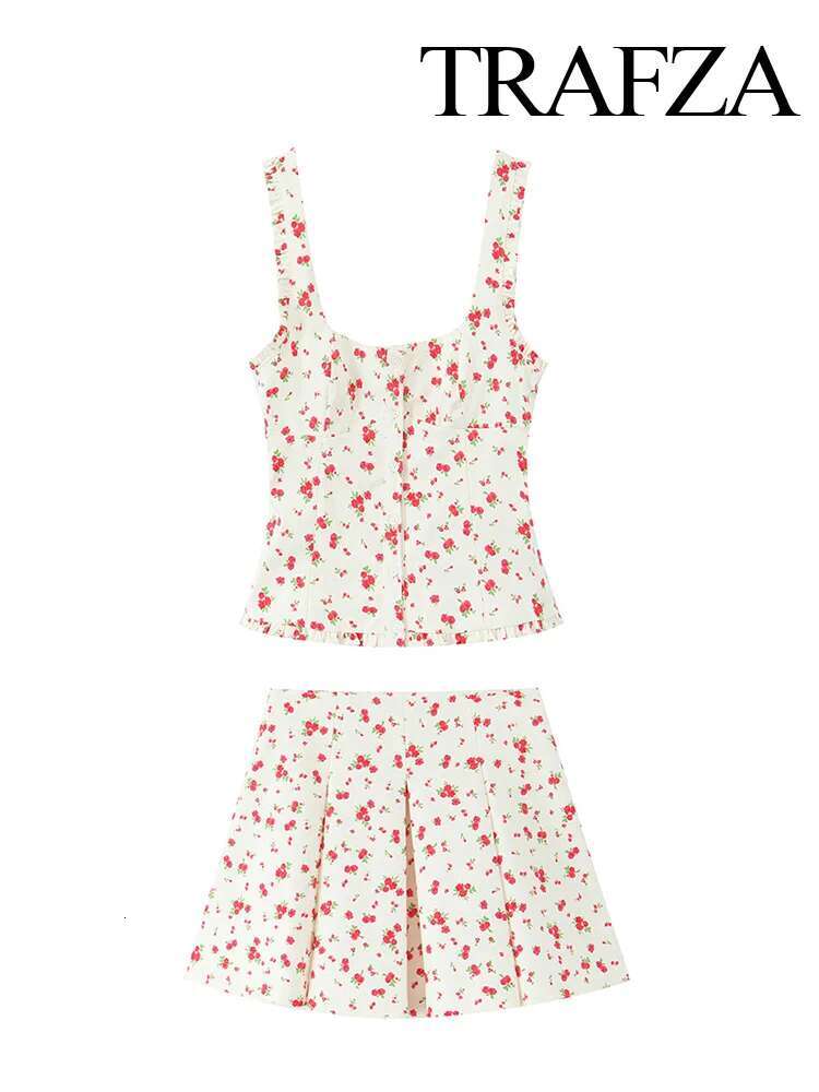 TRAFZA Female Elegant Wer Print Elastic Sleeveless Single-Breasted Decorate Top+Zipper A-E Pleated Mini Skirt 2 Piece Set