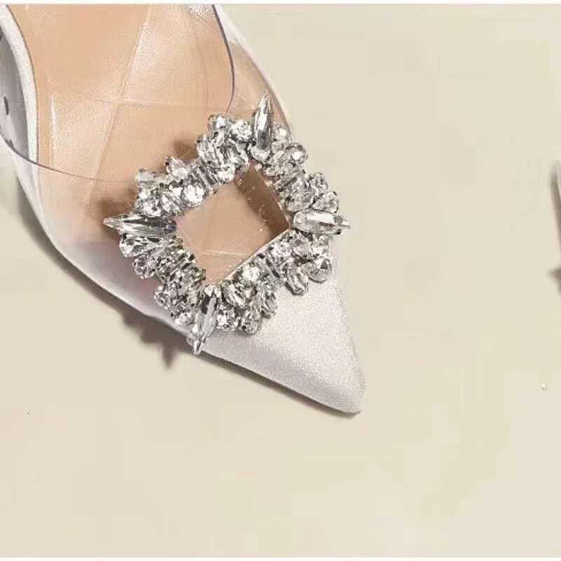 Shoes Women Single Designer Brand Woman Pointed Toe Heel Square Buckle Rhies Transparent Splicing High Heeled Sandals