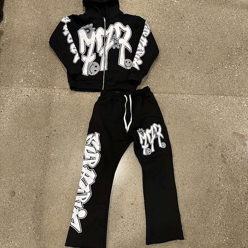 Fashion trend letter printed Y2K hip-hop street style casual cardigan hoodie set
