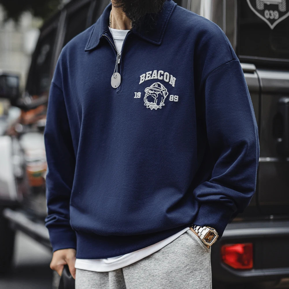 Maden Vintage Mens Long Sleeve Embroidered Sweatshirt with Letters Halfopen Front Casual Hoodie Turnedup Collar for Spring 250304