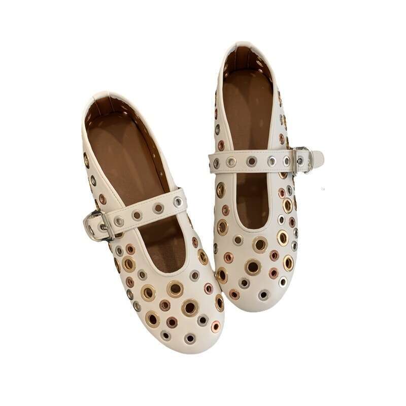2024 summer new French hollow ballet shoes for women, perforated rivets, flat bottomed shallow mouth, women's niche design, single shoe