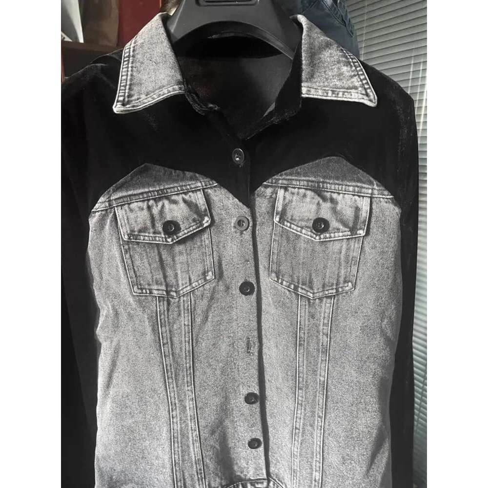Fashion Denim Patchwork Shirt Women's Lapel Slim Single Breasted Long Sleeves Black Blouse New