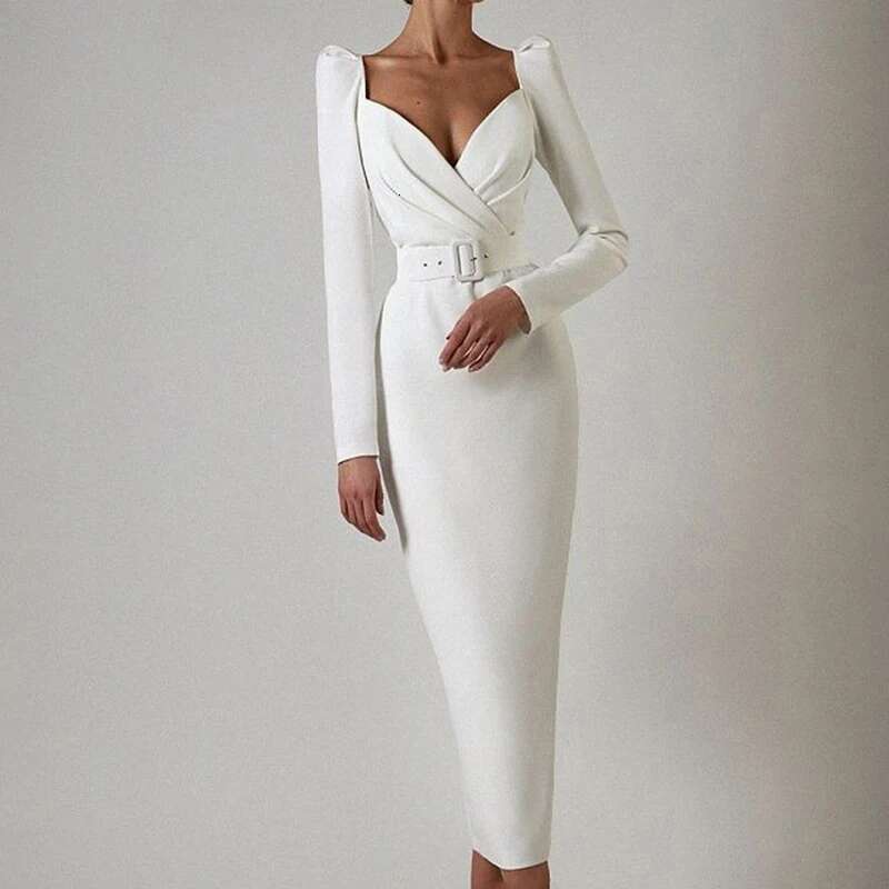 Elegant Square Collar Commuting With Belt Chic Banquet Party Women Long Sleeve Solid Formal Ocn Midi Dress