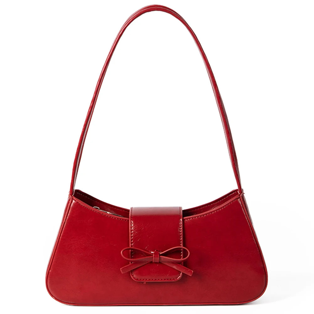 Sweet Bow Shoulder Bag PU Leather Fashion Handbag with Zipper Closure Everyday Purse Trendy Underarm Bag for Women 250228