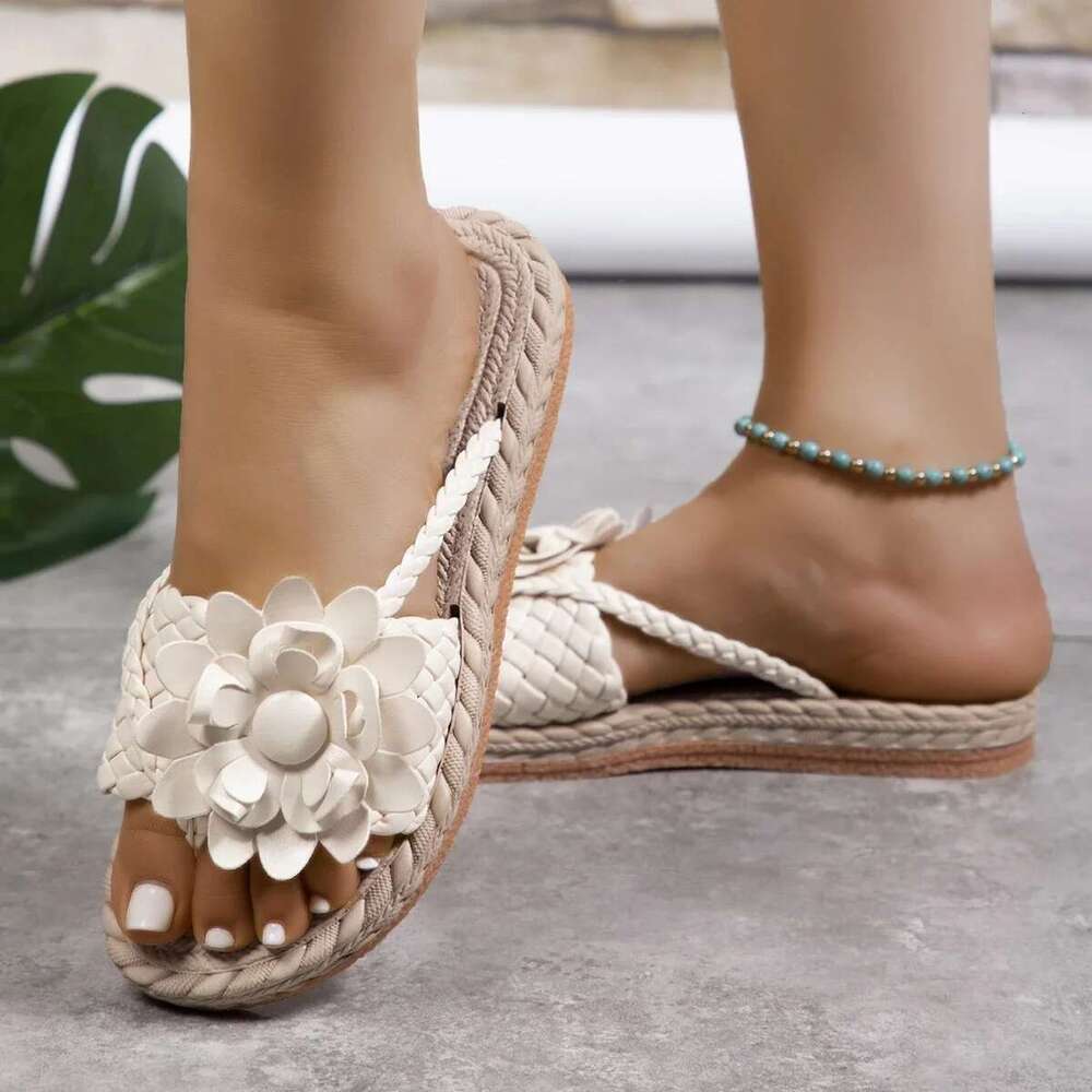 Braided Summer ral Flat Slippers Classics Solid PU Leather Women Non Slip Flip ps Soft Comfortable Beach Sandals Femme
