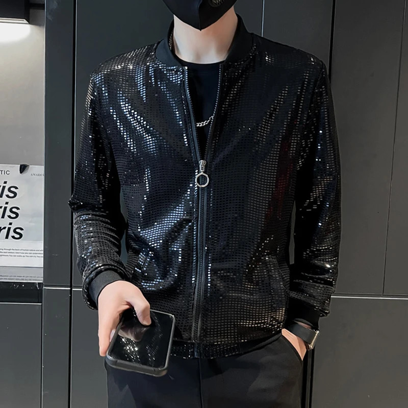 Mens shiny sequin windproof jacket bomber fashion streetwear hiphop lightweight gold disco gothic dance costume 250304