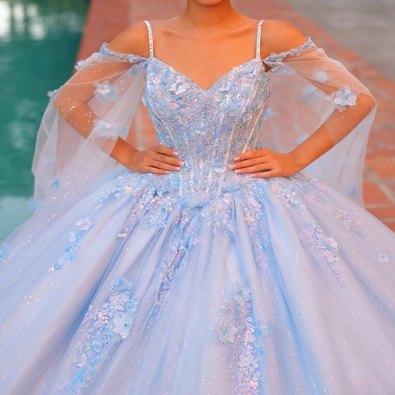 Sky Blue Shiny Quinceanera Dresses Ball Gown Off Shoulder Applique Lace Beads Tull Corset Sweet 16 Dress Vestidos 15 De Anos