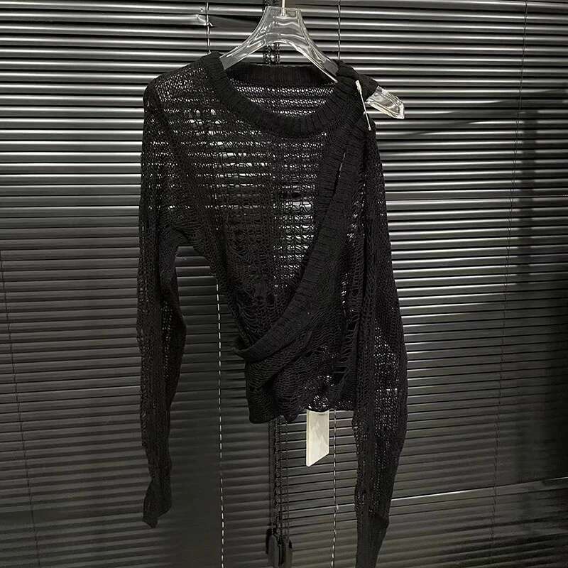 2025 Spring New Pin Fake Two Piece Knitted Shirt For Women Versatile Hollow Out Long Sleeved Top Female Trendy 11A0379