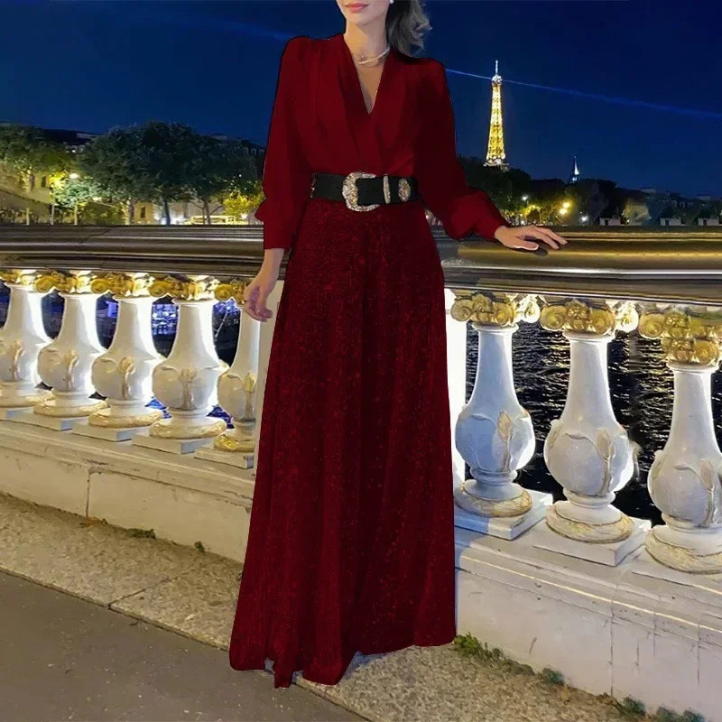 Womens Jumpsuit Fashion V-neck Long Sleeved Shirt with Elegant Temperament Slim Waist and Sequin Wide Leg Pants Autumn 250303